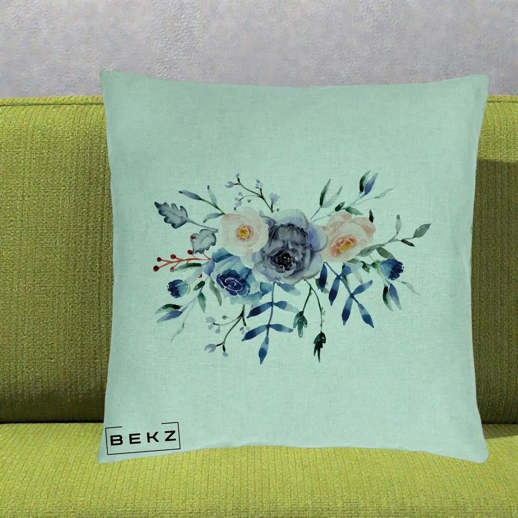 Perna Decorativa Buchet Flori Albastre Acuarela, 40x40 cm, Verde Menta, Husa Detasabila, Perna Inclusa, BEKZ®