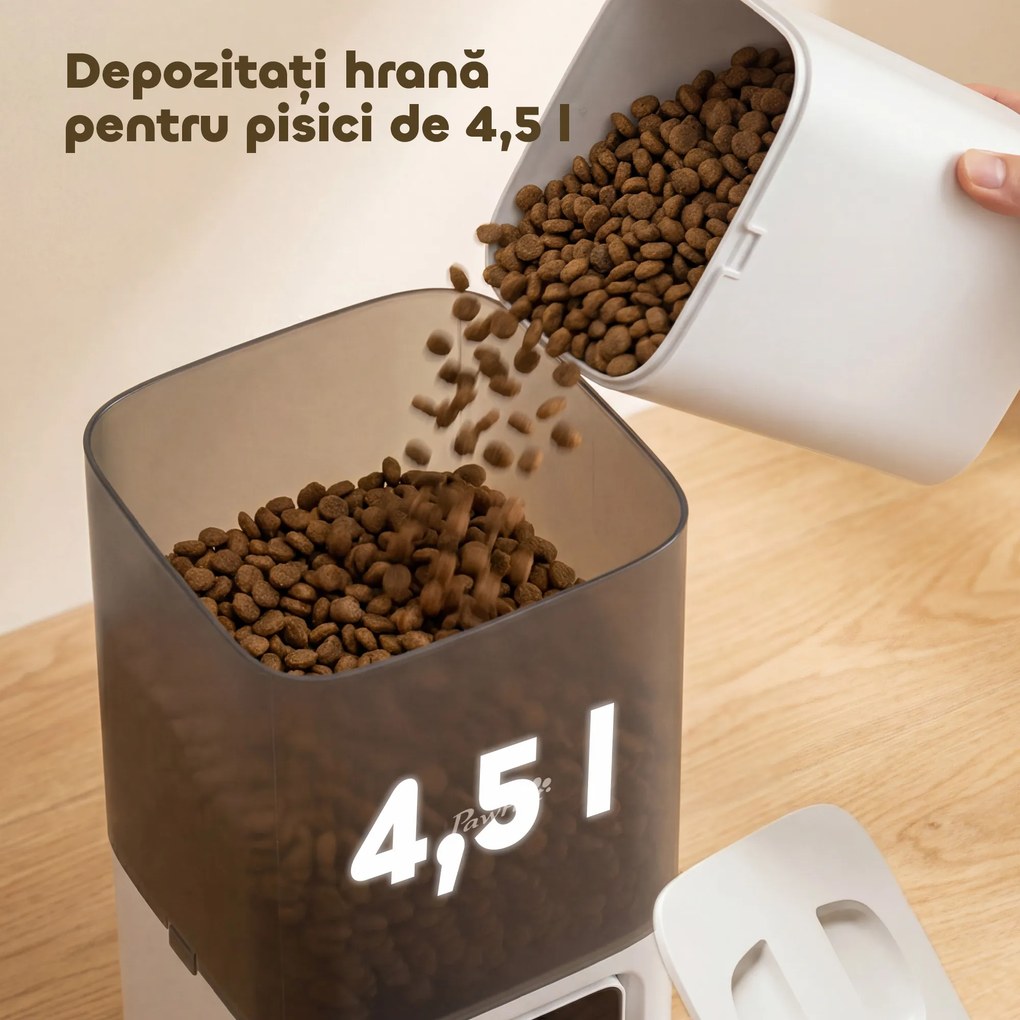 PawHut Distribuitor Automat pentru Pisici, 4.5L WiFi cu Timer, Programabil pentru 1-10 Mese, Hrănitor Automat cu Înregistrare Vocală și Alimentare Dublă pentru Pisici și Câini de Talie Mică | Aosom Romania