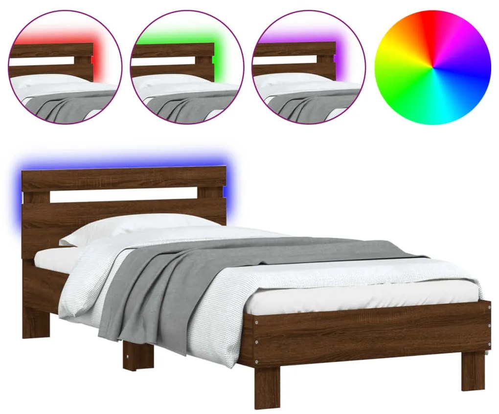838756 vidaXL Cadru de pat cu tăblie și lumini LED, stejar maro, 75x190 cm