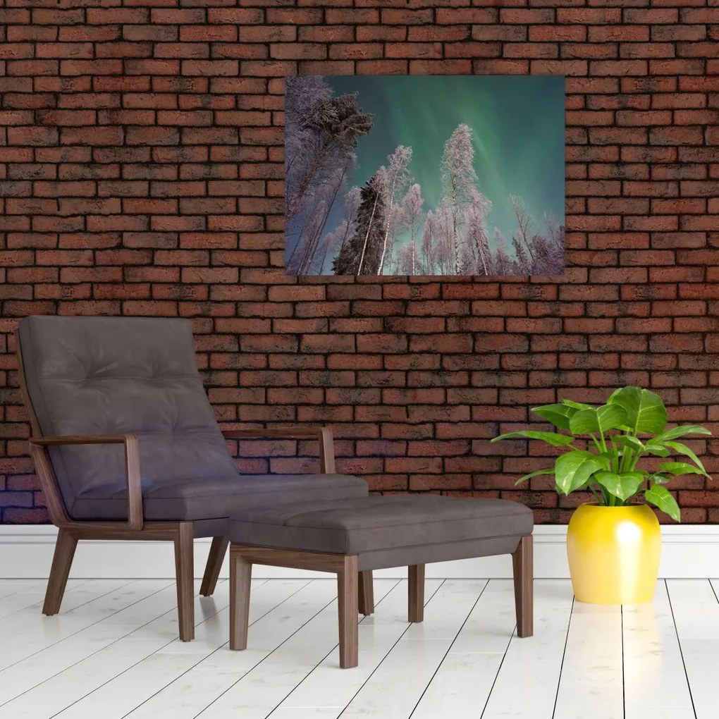 Tablou pe sticlă cu aurora borealis deasupra pomilor înghețați (70x50 cm)