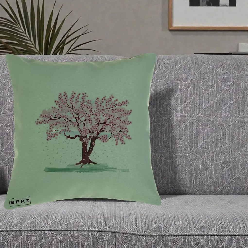 Perna Decorativa Cires Inflorit Acuarela, 40x40 cm, Verde, Husa Detasabila, Perna Inclusa, BEKZ®