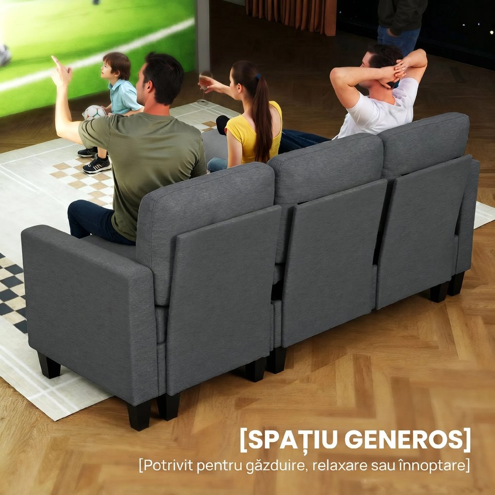 HOMCOM Canapea Extensibilă cu 3 Locuri cu Șezlong și Spațiu de Depozitare, 197x129x85 cm, Gri Închis | Aosom Romania