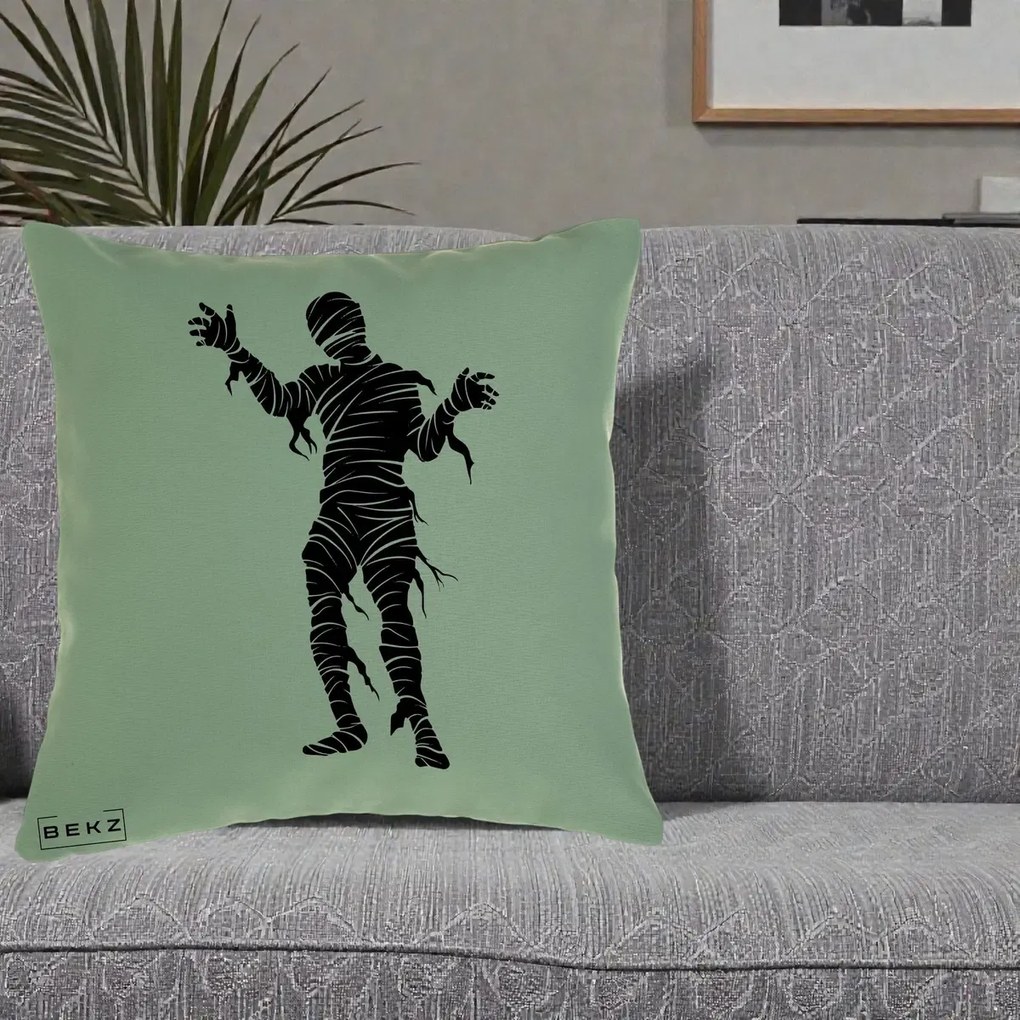Perna Decorativa Mormii Infricosat Silueta Neagra Halloween, 40x40 cm, Verde, Husa Detasabila, Perna Inclusa, BEKZ®