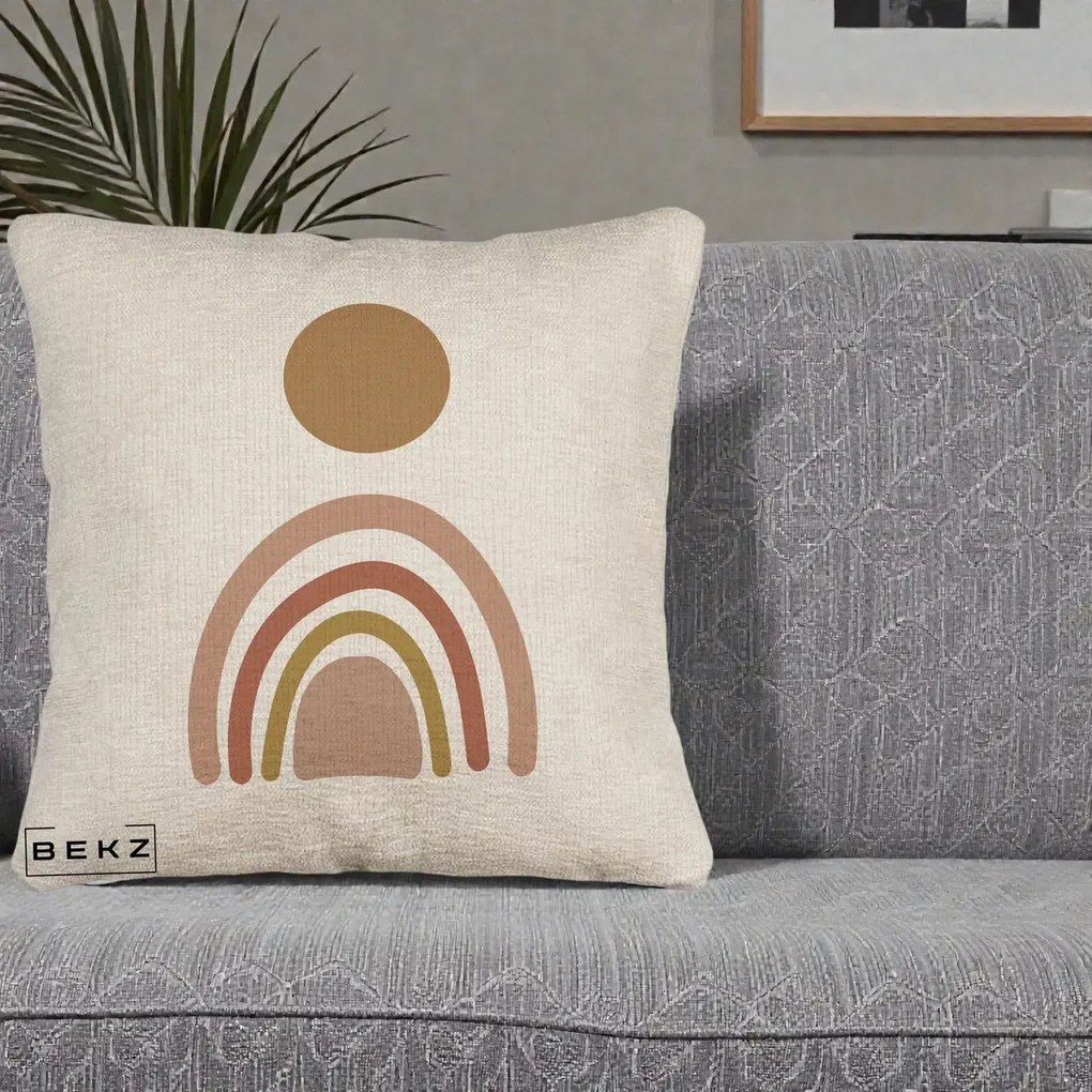 Perna Decorativa Boho Rainbow Sun, 40x40 cm, Bej Canapea, Husa Detasabila, Perna Inclusa, BEKZ®