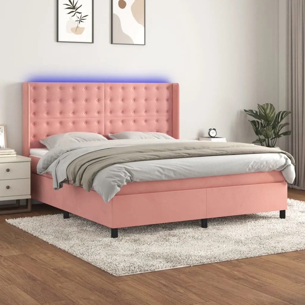 vidaXL Pat continental cu saltea &amp; LED, roz, 120x200 cm, catifea