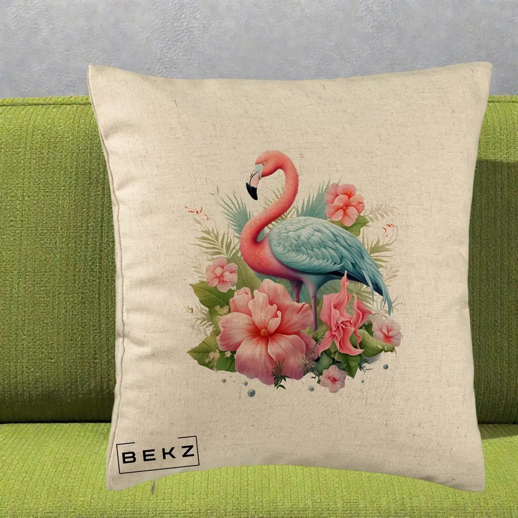 Perna Decorativa Flamingo cu Hibiscus Tropical, 40x40 cm, Bej, Husa Detasabila, Perna Inclusa, BEKZ®