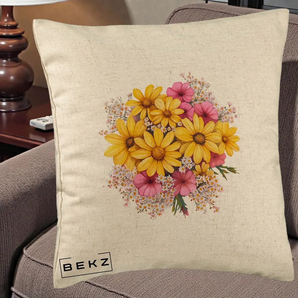 Perna Decorativa Floarea-Soarelui cu Cosmos Roz si Gypsophila, 40x40 cm, Bej, Husa Detasabila, Perna Inclusa, BEKZ®