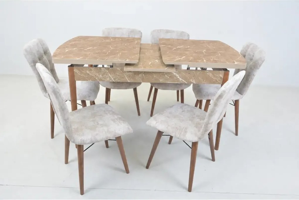 Set masa extensibila cu 6 scaune tapitate Homs marmura/bej 170 x 80 cm picioare lemn