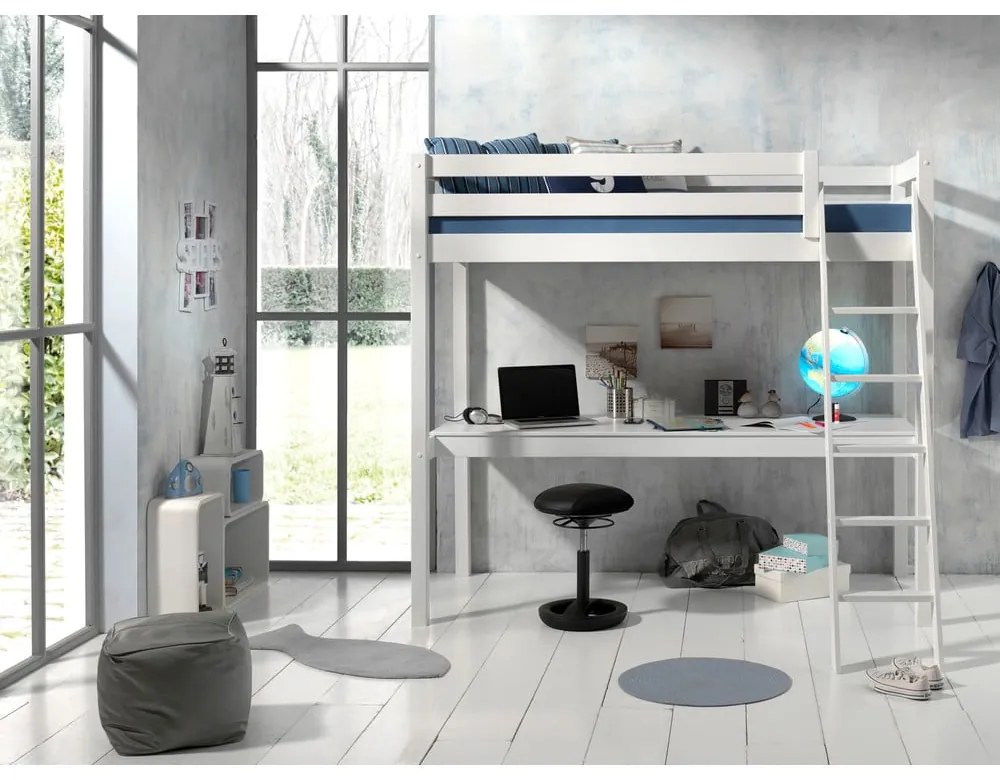 Pat pentru copii alb înalt din lemn masiv de pin 140x200 cm PINO – Vipack