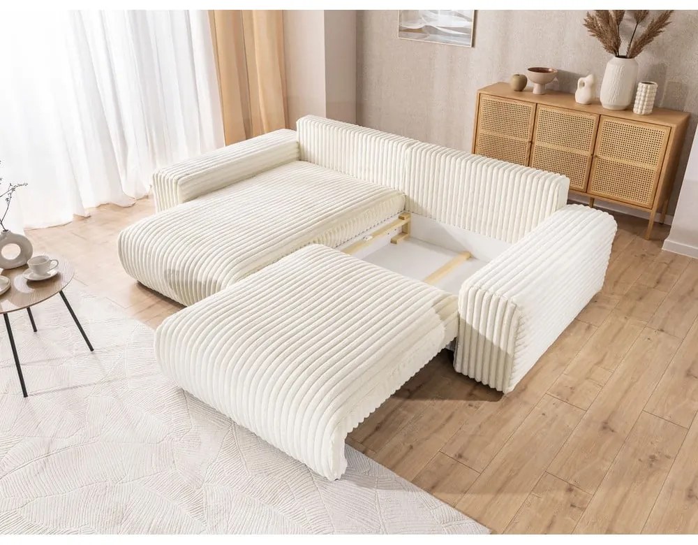 Colțar crem extensibil, cu spațiu de depozitare, cu tapițerie din catifea reiată (cu colț pe partea stângă) Sarina – Ropez