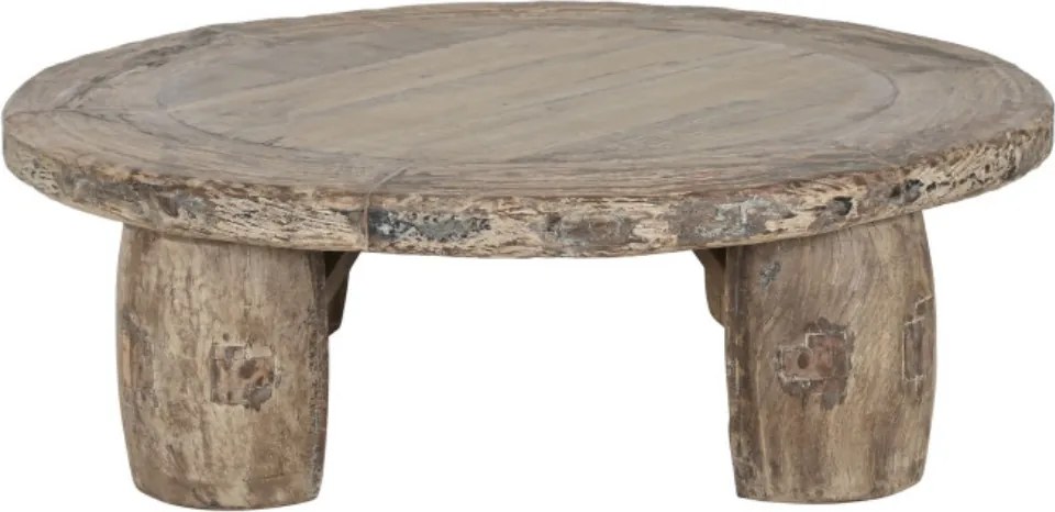 Măsuță de cafea rotundă din lemn de tec, natur, cu picioare masive și aspect rustic, finisaj natural, 40 x 125 cm, „Sido” – Ethnic Collections