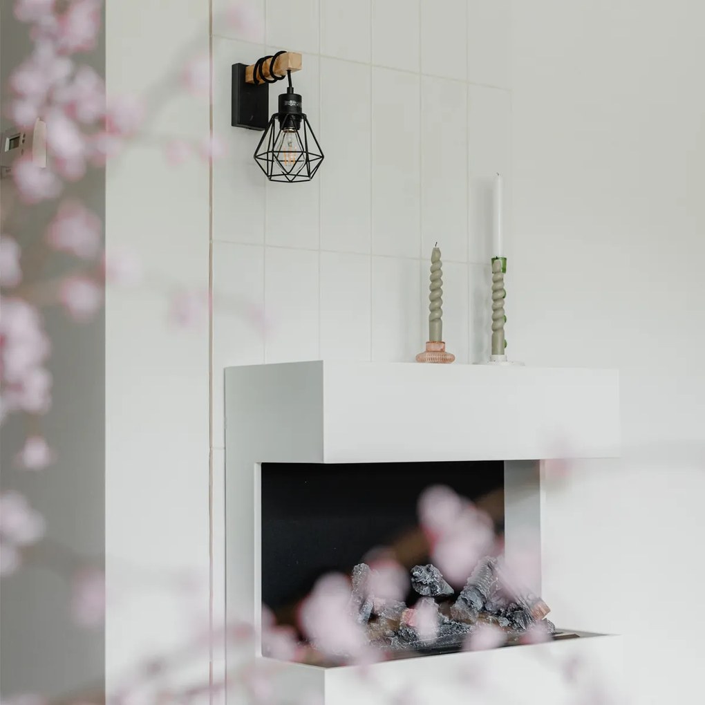 Lampă de perete inteligentă neagră cu lemn, inclusiv WiFi A60 - Chon