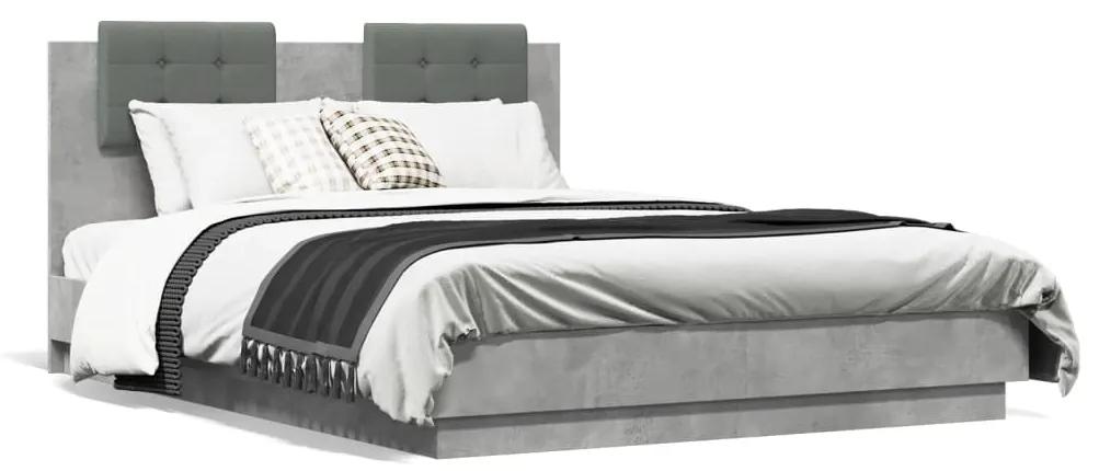 3210055 vidaXL Cadru de pat cu tăblie și lumini LED, gri beton, 120x190 cm