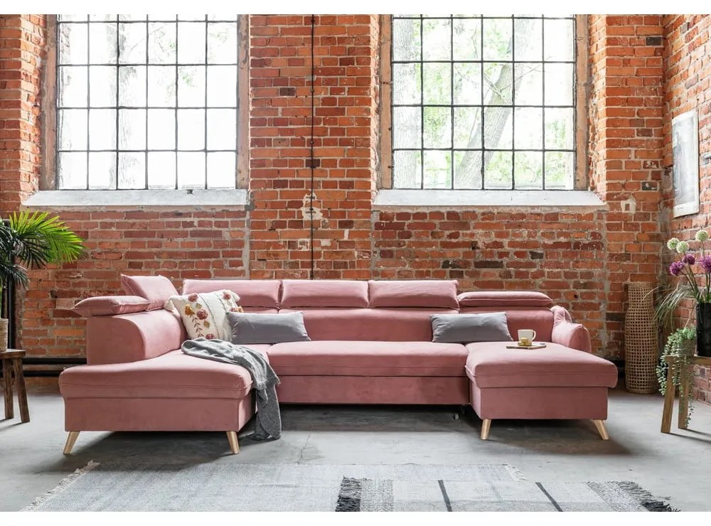 Colțar roz deschis extensibil cu tapițerie din catifea (cu colț pe partea stângă /în formă de "U") Sweet Harmony – Miuform