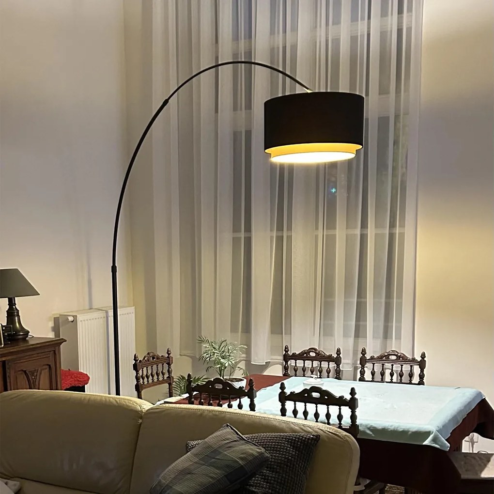 Lampă de podea arcuită modernă neagră cu abajur duo negru cu auriu - XXL
