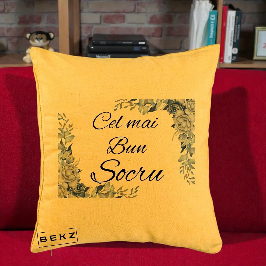 Cadou pentru Socru - Perna Personalizata Cel mai Bun Socru cu Flori Albastre Acuarela, 40x40 cm, Galben, Husa Detasabila, Perna Inclusa, BEKZ®