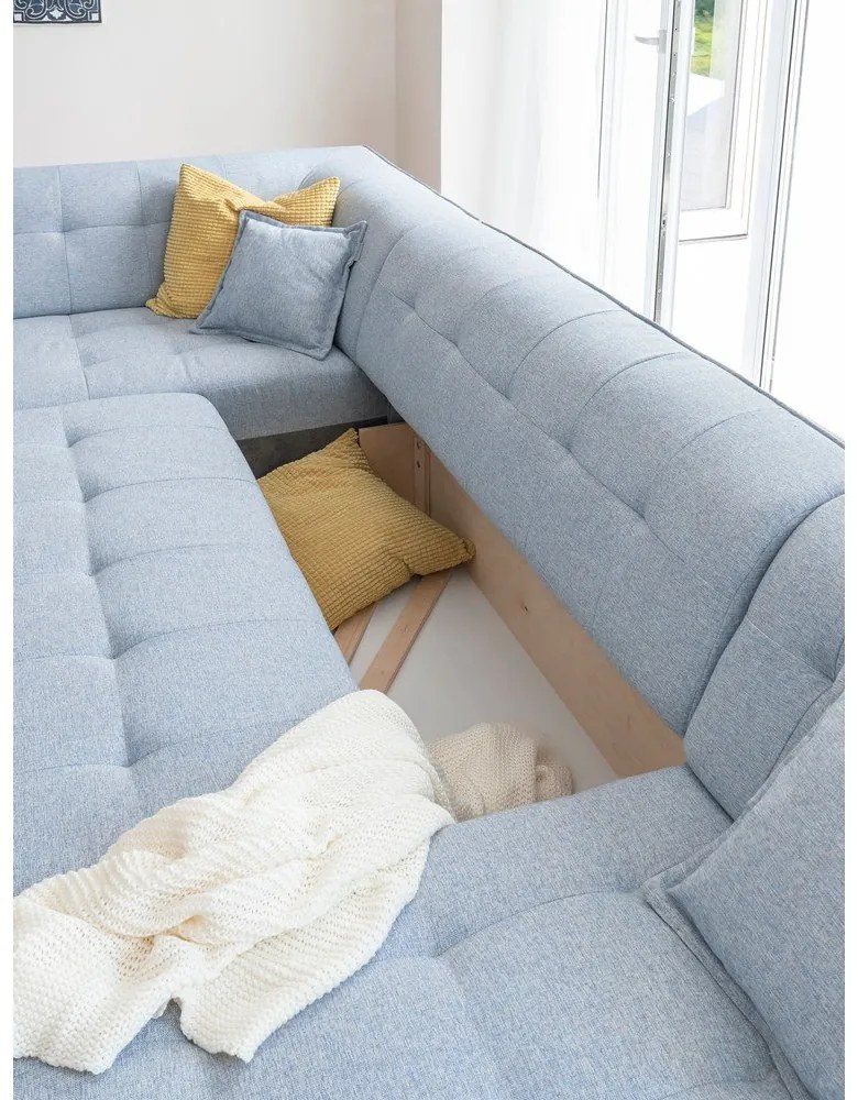 Canapea extensibilă în formă de "U" cu șezlong pe partea stângă Miuform Dazzling Daisy, albastru deschis