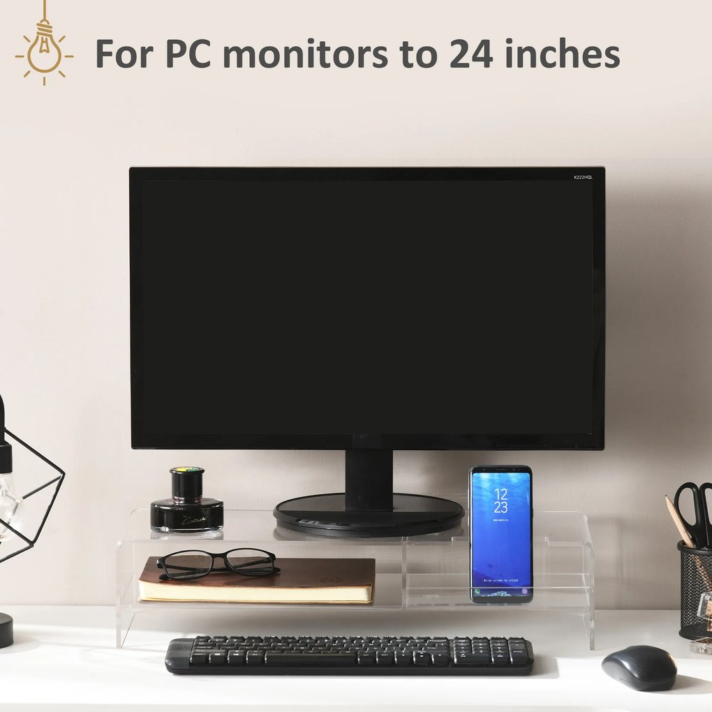 HOMCOM Suport Monitor Acrilic cu 2 Rafturi, Suport Ergonomic pentru PC, Transparent, 50.8x19x12 cm, Ideal pentru Birouri Moderne | Aosom Romania