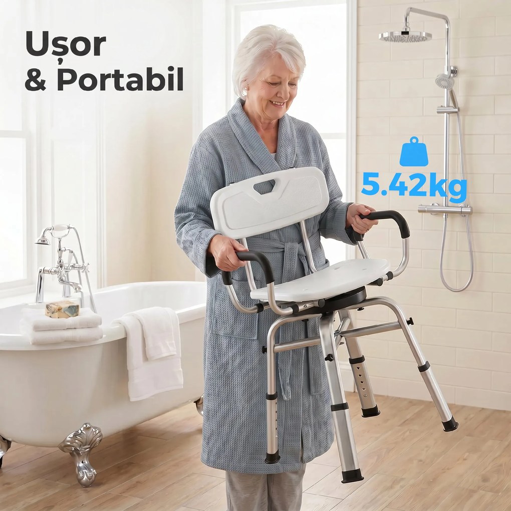 HOMCOM Scaun de Duș Rotativ Reglabil pe Înălțime cu Brațe, Spătar, Capacitate 150 kg, Alb | Aosom Romania