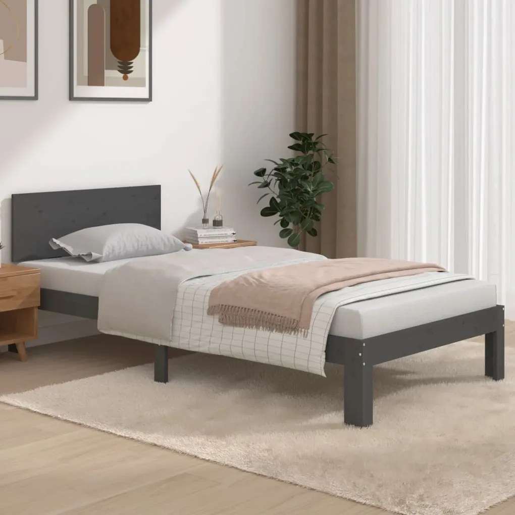 810462 vidaXL Cadru de pat single, gri, 90x190 cm, lemn masiv