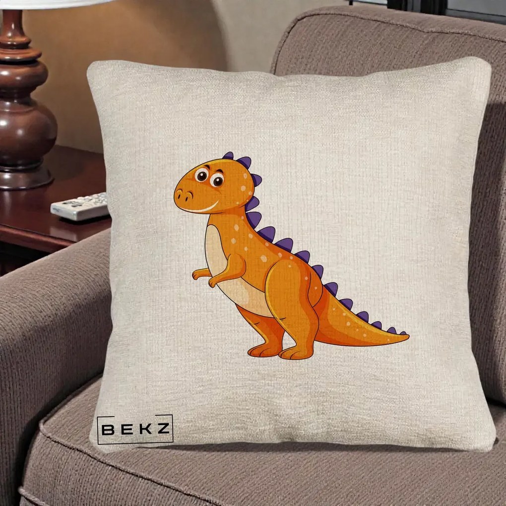 Perna Decorativa T-Rex Portocaliu, 40x40 cm, Bej Canapea, Husa Detasabila, Perna Inclusa, BEKZ®