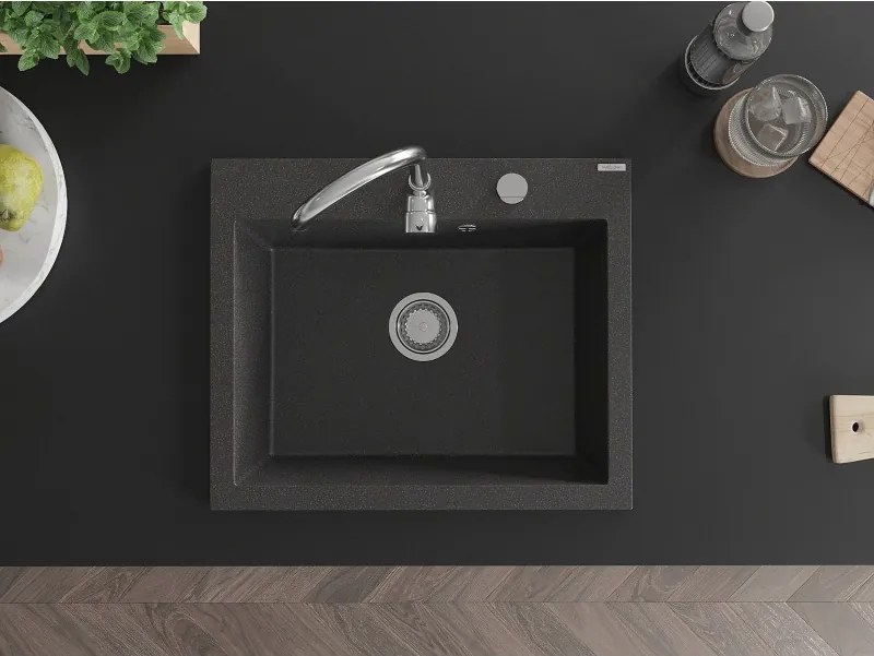 Mexen Elix chiuvetă de bucătărie din granit, 1 compartiment, 600 x 500 mm, negru cu pete, sifon crom - 6525601005-76