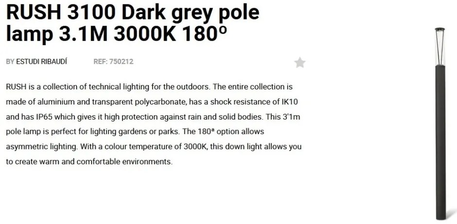 Stalp LED iluminat exterior simetric 180º IP65 RUSH 310cm 3000K