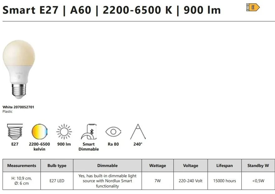 Bec Smart E27 A60 7W 2200-6500K 900Lm White