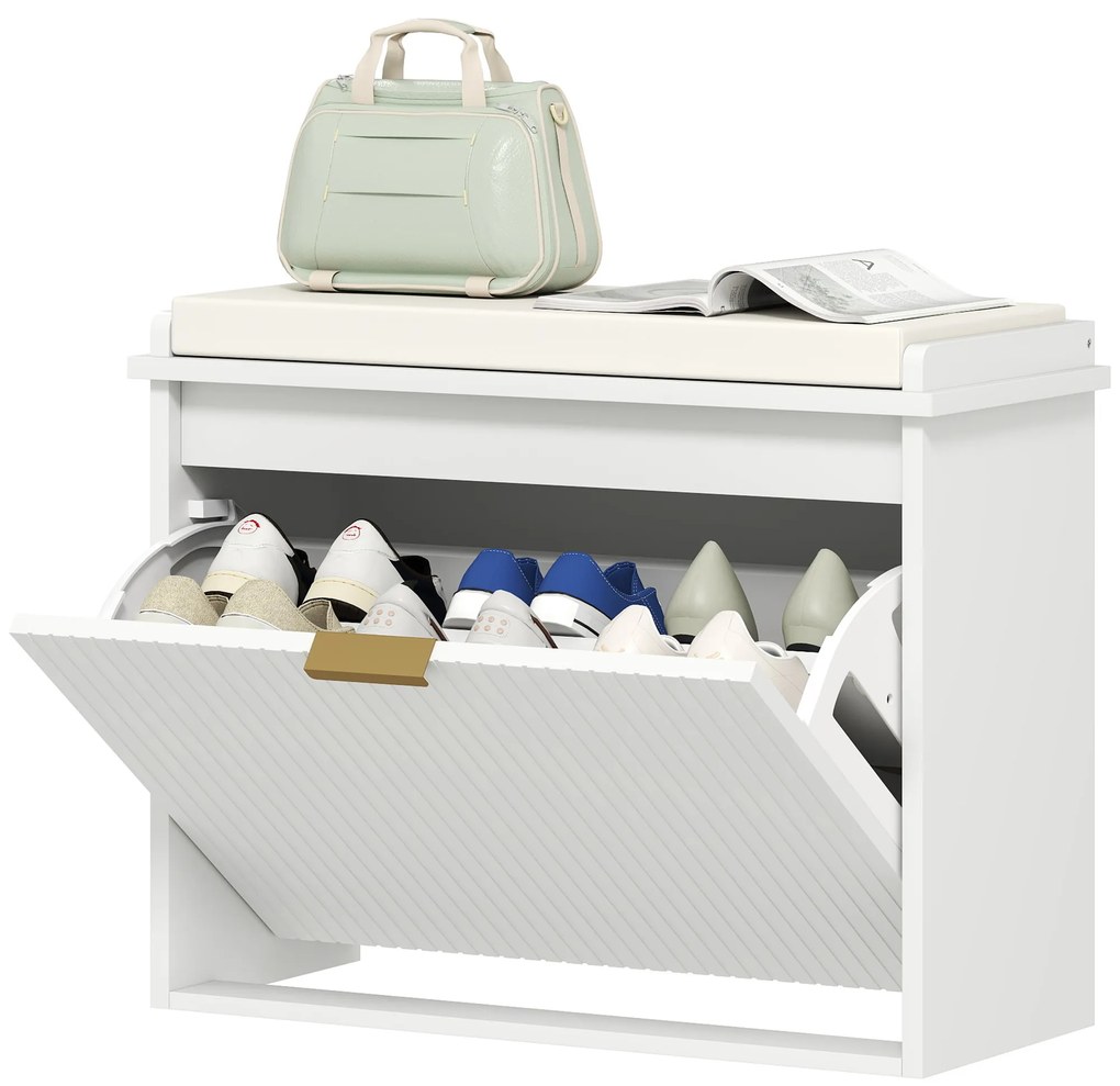HOMCOM Banc pentru pantofi cu pernă șezut căptușit și sertar rabatabil pentru hol, cameră, 62 x 26 x 47,5 cm, alb | Aosom Romania
