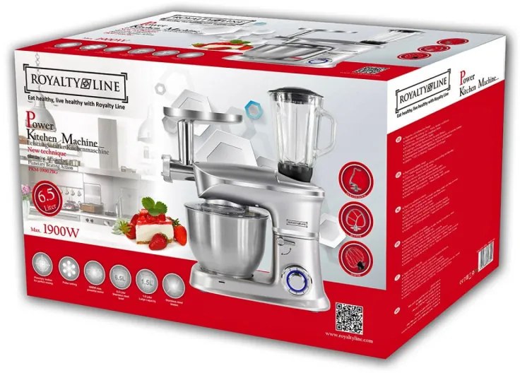 Robot de bucatarie 3in1 Royalty Line RL-PKM1900, 7BG, 1900W, 6.5 Litri, Blender, Mixer Planetar, Tocator, Argintiu