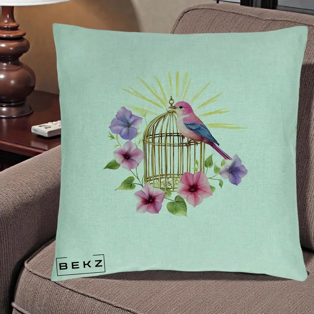 Perna Decorativa Pasare Roz pe Colivie Aurie cu Flori, 40x40 cm, Verde Menta, Husa Detasabila, Perna Inclusa, BEKZ®