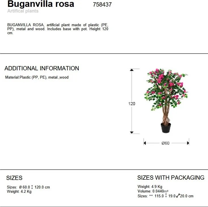 Planta artificiala, Bougainvillea roz H-120cm