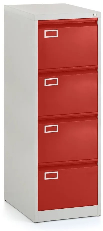 Dosar metalic A4 - 4 sertare, 45,5 x 62 x 132 cm, încuietoare cilindru, roșu - ral 3000