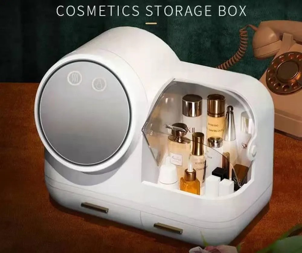 RESIGILAT- Organizator cosmetic cu Ventilator, Oglindă iluminare LED, rotativă 360 grade, portabilă, incarcare USB, depozitare compartimentata, cu sertare, 31x37,5x22 cm, Alb