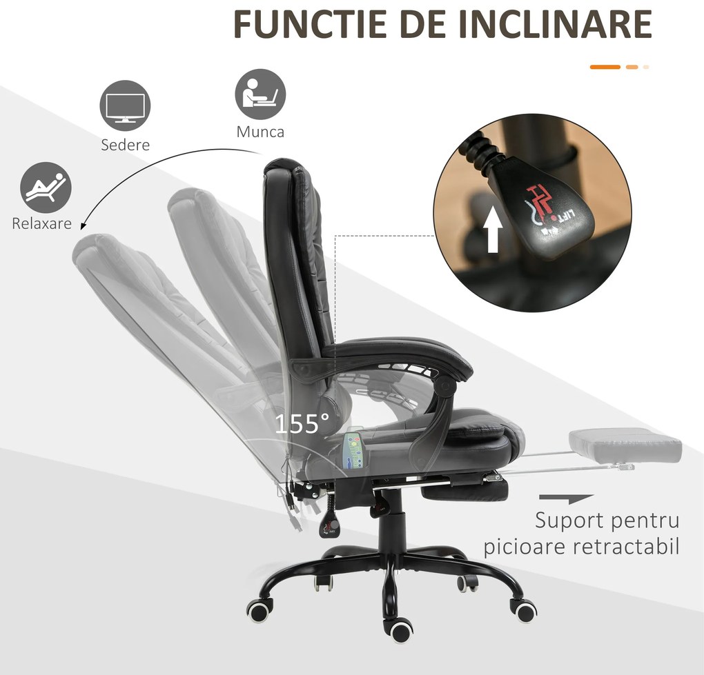 Fotoliu de birou cu masaj cu 7 puncte de vibrație, ergonomic cu suport pentru picioare și spătar înclinat la 155°, negru Vinsetto | Aosom Romania