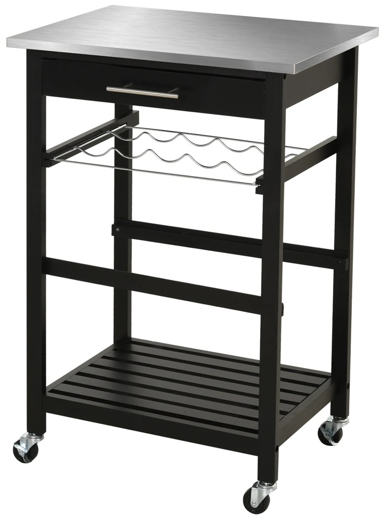 HOMCOM Carucior de Servire, carucior pentru bucatarie cu raft pentru sticle, 60L x 40l x 85h cm, blat din inox, negru | Aosom Romania