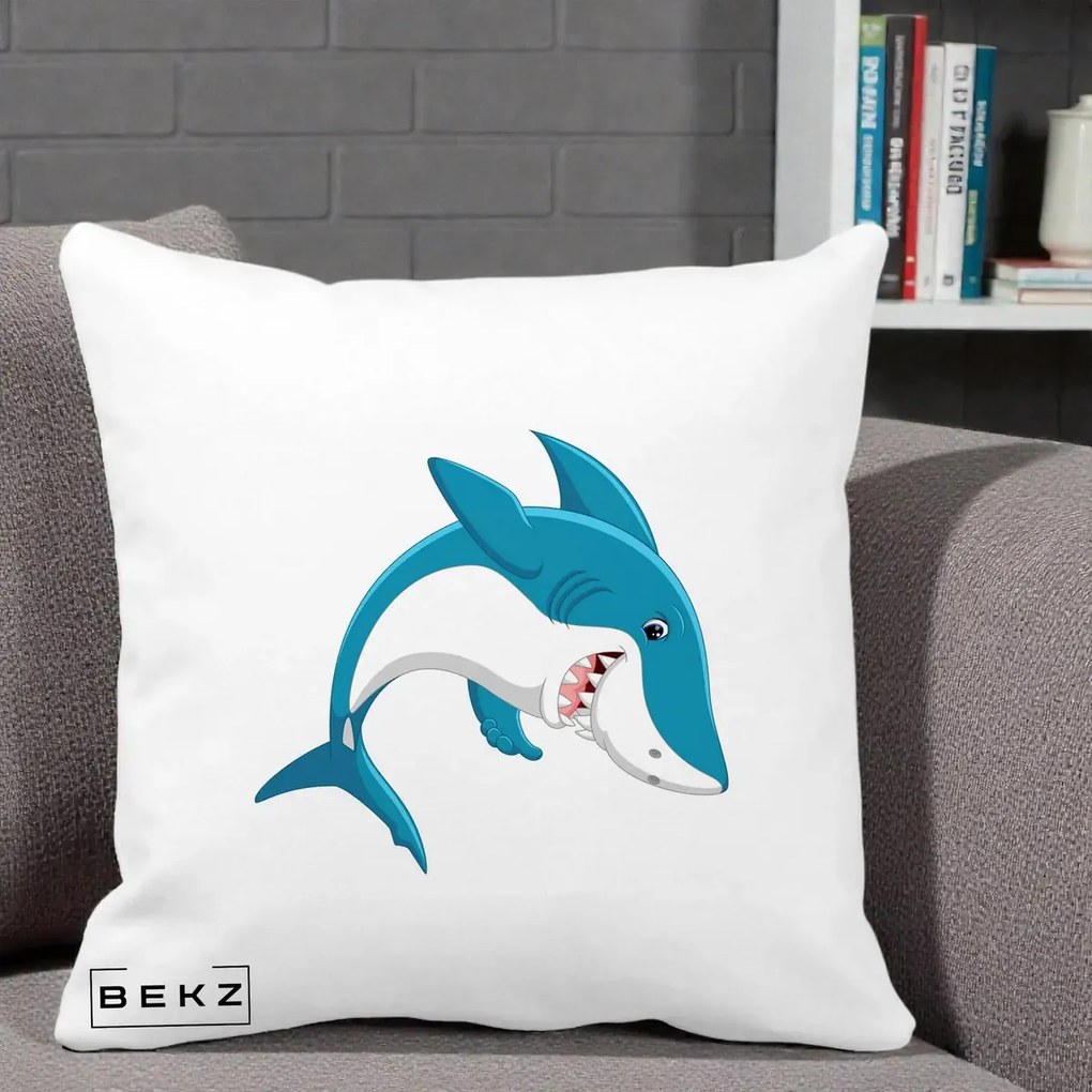 Perna Decorativa Rechin Albastru Cartoon, 40x40 cm, Alba Mata, Husa Detasabila, Perna Inclusa, BEKZ®