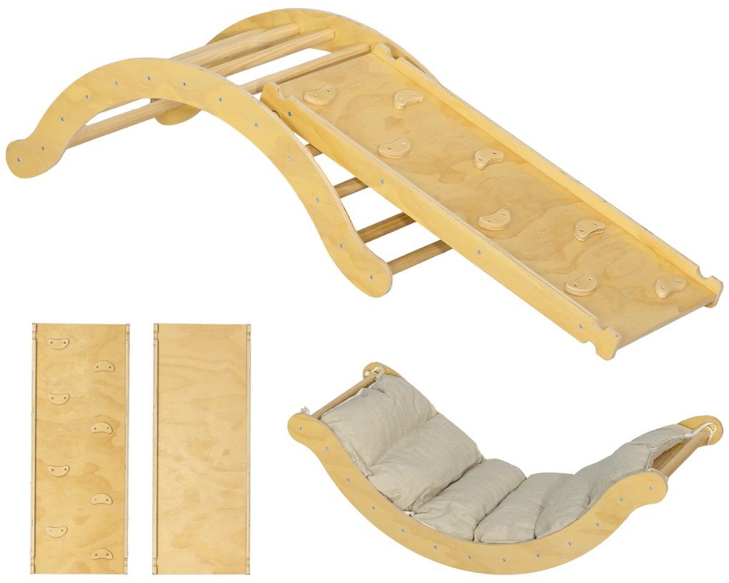 AIYAPLAY Set de cățărare pentru copii, design 4 în 1 cu arc, leagăn, pernă, rampă de alunecare, pentru interior, lemn | Aosom Romania