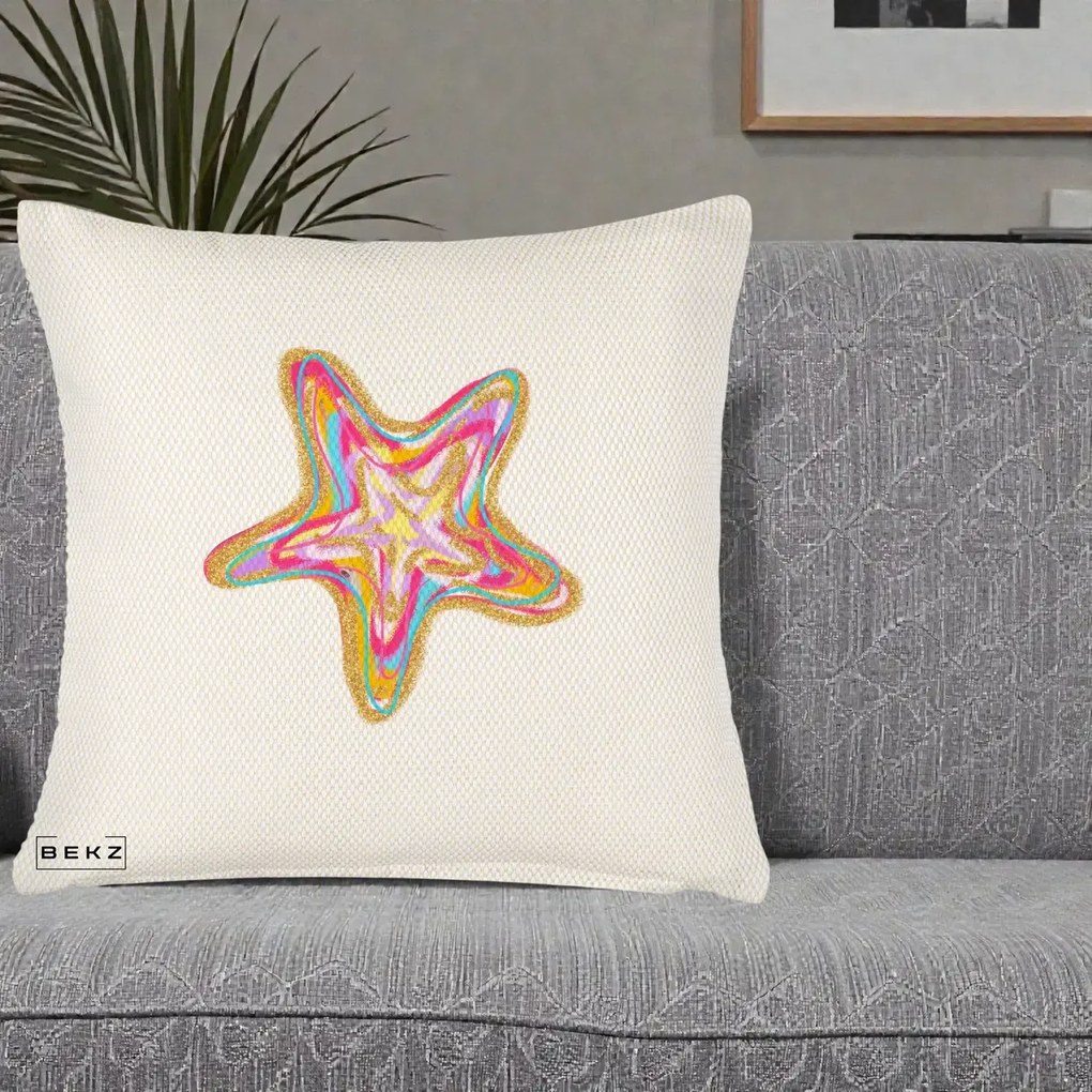 Perna Decorativa Stea de Mare Neon Curcubeu, 40x40 cm, Crem Reliefat, Husa Detasabila, Perna Inclusa, BEKZ®
