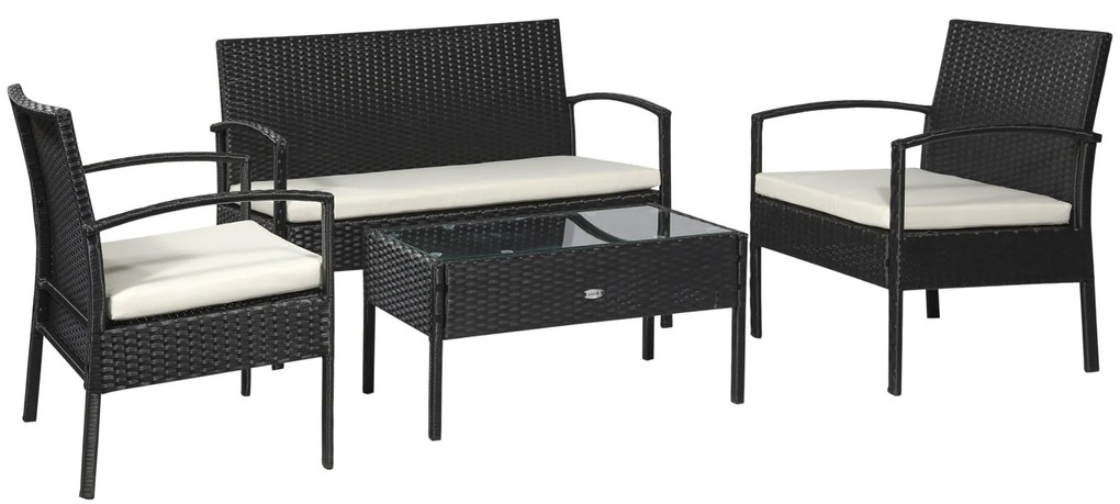 Outsunny Set Mobilier de Grădină din Ratan Negru 4 Piese cu Perne Confortabile 108x60x77cm Ideal pentru Terasă și Spații Exterioare | Aosom Romania