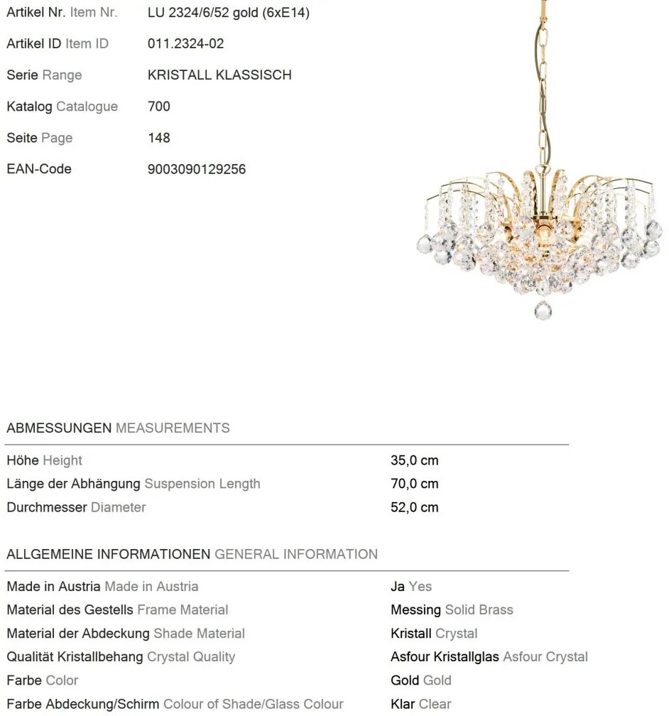 Candelabru cristal Asfour design lux KRISTALL KLASSISCH 6L gold/clear
