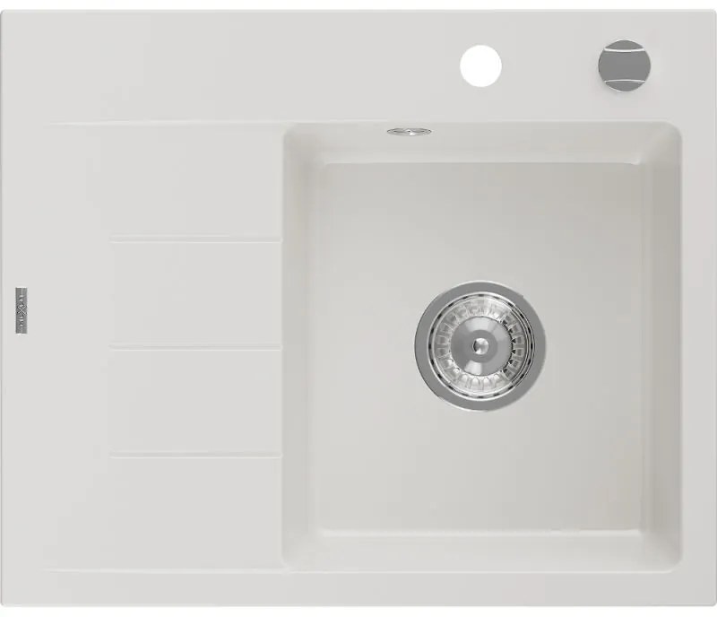 Mexen Ben chiuvetă de granit cu 1 cuvă, cu scurgător, dreapta, 600 x 500 mm, albă, sifon cromat - 6523605000-20