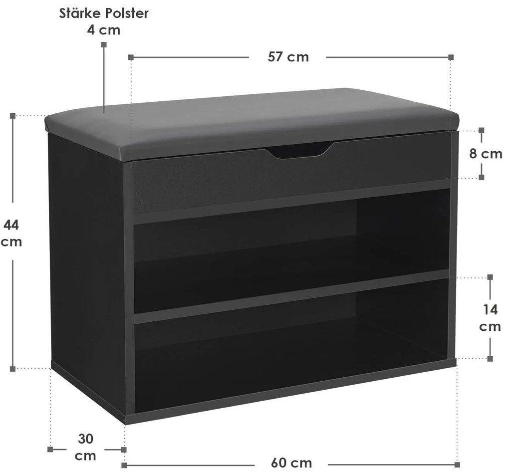 Suport pantofi cu capac rabatabil și șezut căptușit 60 x 30 x 44 cm negru