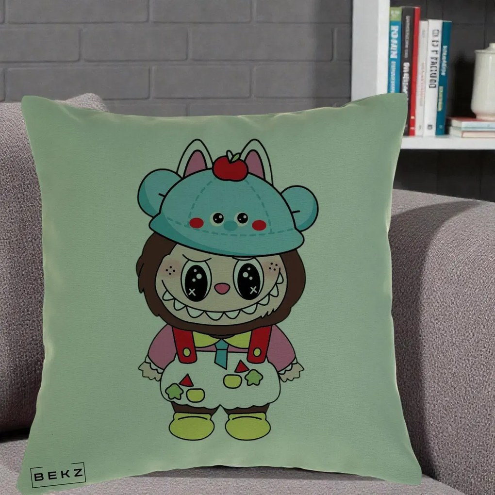 Perna Personalizata Labubu x Urs Albastru Colorat, 40x40 cm, Verde, Husa Detasabila, Perna Inclusa, BEKZ®