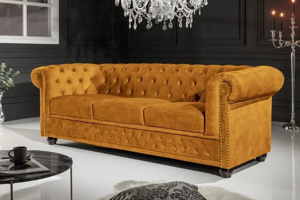 Canapea clasica stil englezesc Chesterfield 3 locuri, galben mustar