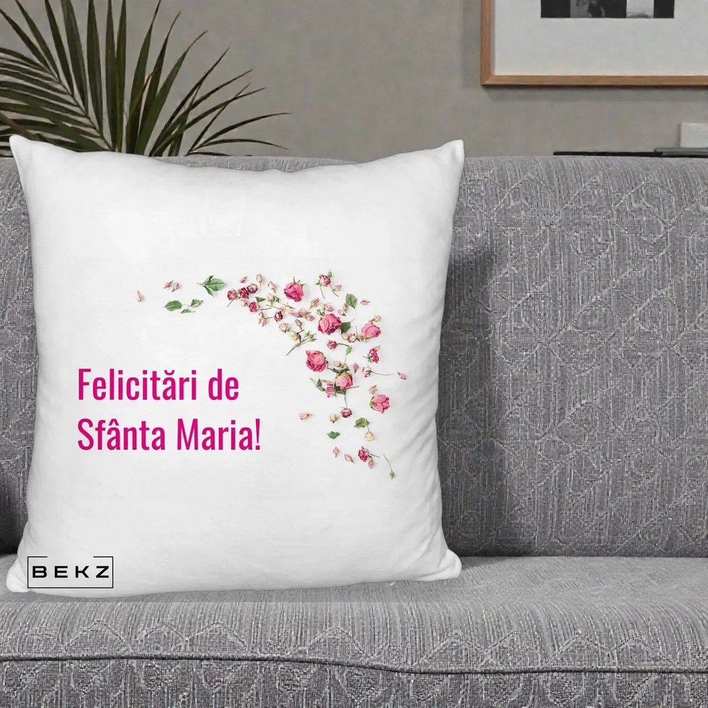 Cadou de Onomastica - Perna Personalizata Felicitari de Sfanta Maria, 40x40 cm, Alb Pufos, Husa Detasabila, Perna Inclusa, BEKZ®