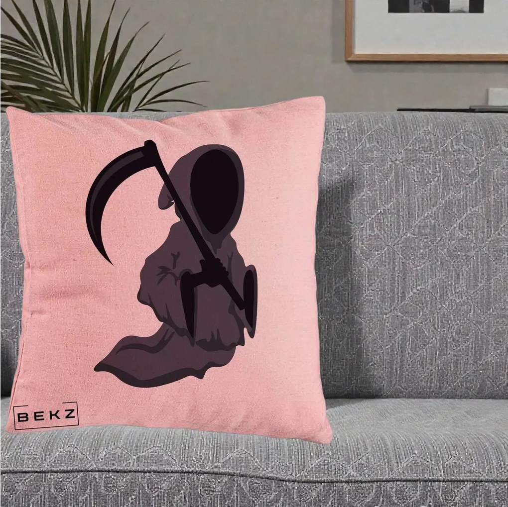 Perna Decorativa Moartea cu Coasa Grim Reaper Halloween, 40x40 cm, Roz, Husa Detasabila, Perna Inclusa, BEKZ®