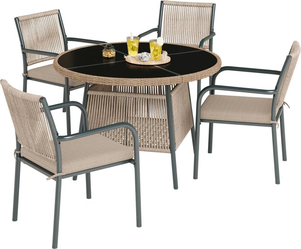 Set mobilier de grădină modern, 5 piese, masă rotundă cu blat din sticlă securizată, 4 scaune cu brațe cu spătar din sfoară, Gri