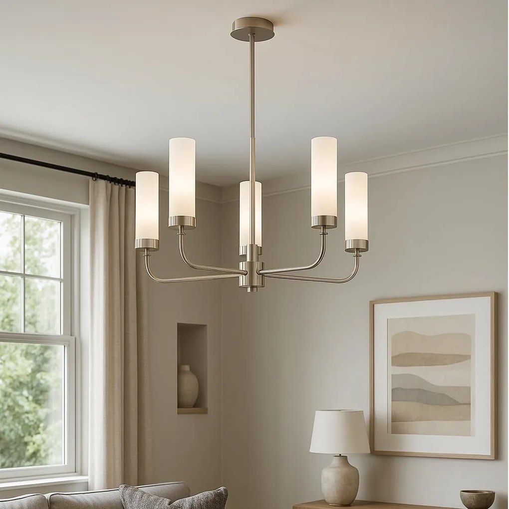 Candelabru 5 brate, otel nickel, sticla alb mat PRESTON 2197