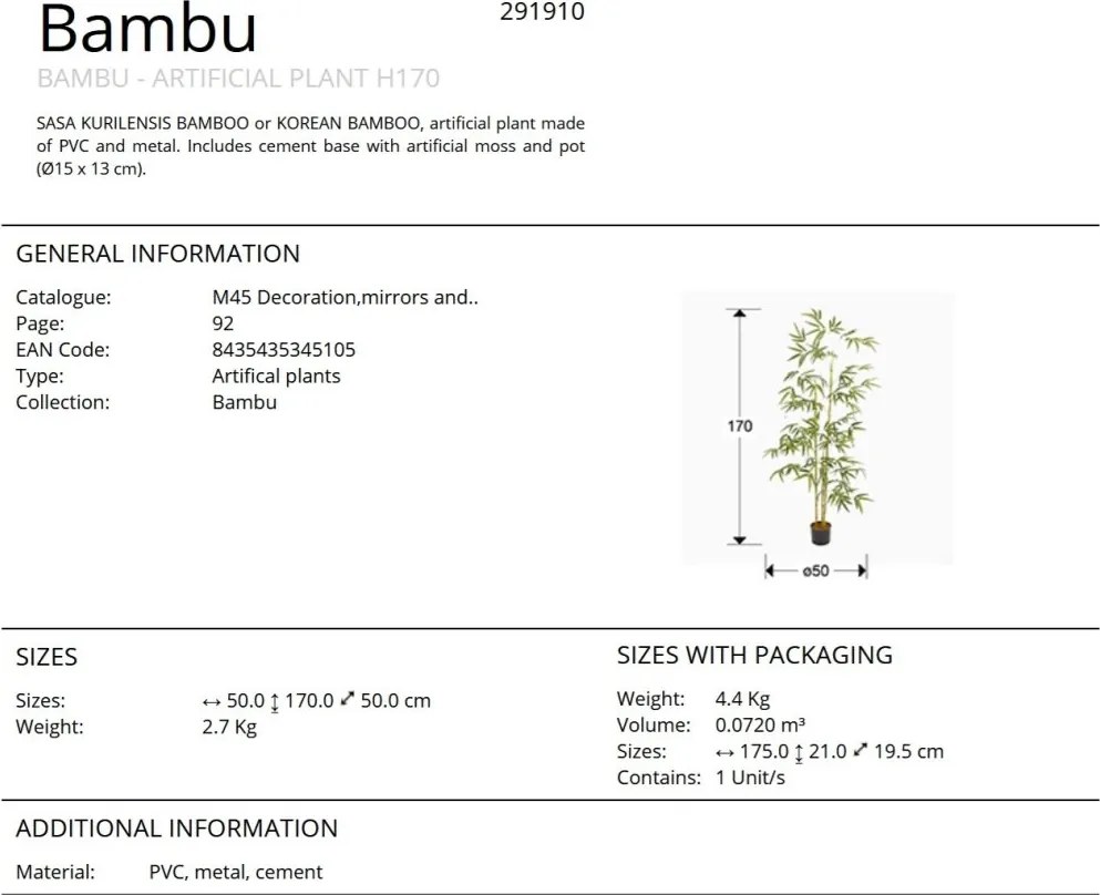 Planta artificiala decorativa Bambu, H170